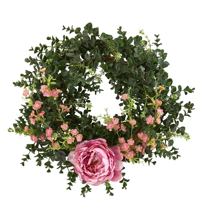 18-eucalyptus-cherry-blossom-peony-double-ring-artificial-wreath-with-twig-base- 18 Eucalyptus, Cherry Blossom and Peony Double Ring Artificial Wreath With Twig Base Pink