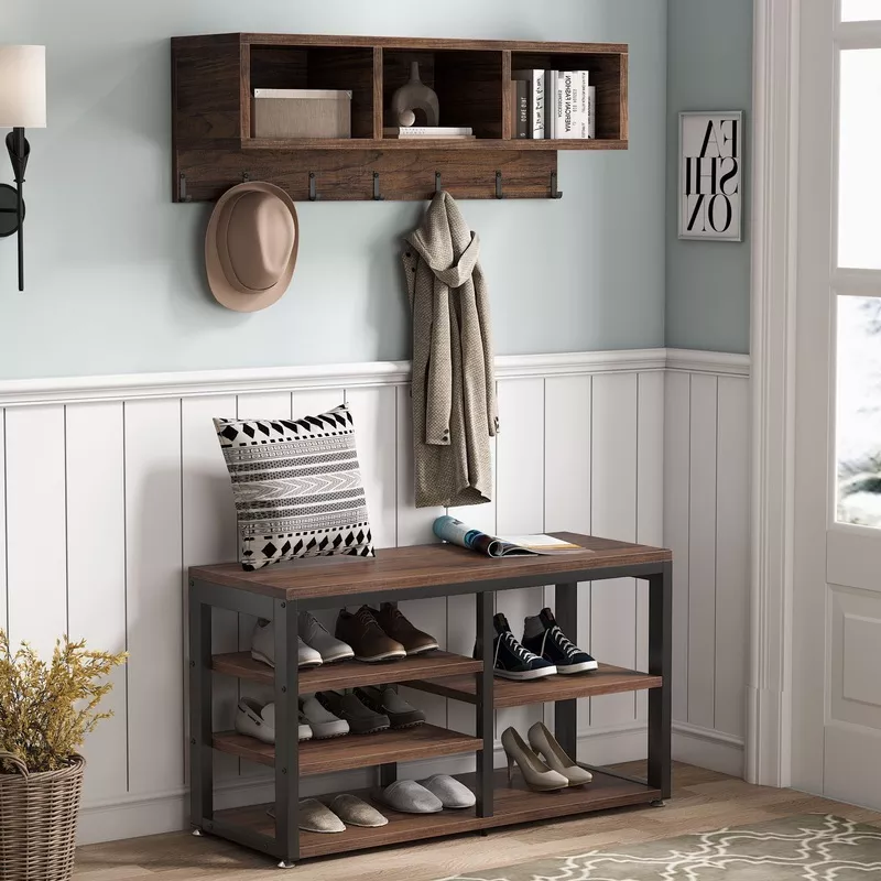 5-in-1-hall-tree-shoe-bench-set-with-wall-mounted-shelf-vintage-oak 5 IN 1 Hall Tree Shoe Bench Set with Wall Mounted Shelf Vintage Oak