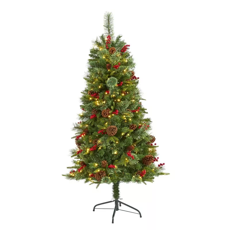 5-norway-mixed-pine-artificial-christmas-tree-with-200-clear-led-lights-pine-con 5 Norway Mixed Pine Artificial Christmas Tree with 200 Clear LED Lights, Pine Cones and Berries Green