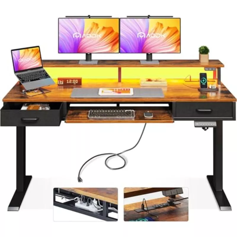 55-inch-height-adjustable-gaming-desk-with-power-outlets-led-lights 55 Inch Height Adjustable Gaming Desk with Power Outlets & LED Lights