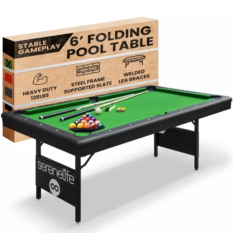 6-ft-folding-pool-table-portable-billiard-table-includes-2x-cue-sticks-full-set- 6-Ft Folding Pool Table – Portable Billiard Table – Includes 2X Cue Sticks, Full Set of Balls, Chalk