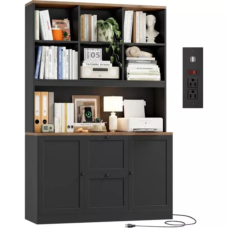 72-inch-tall-bookcase-with-power-outlet-printer-stand-hanging-file-cabinet 72-Inch Tall Bookcase with Power Outlet, Printer Stand, Hanging File Cabinet