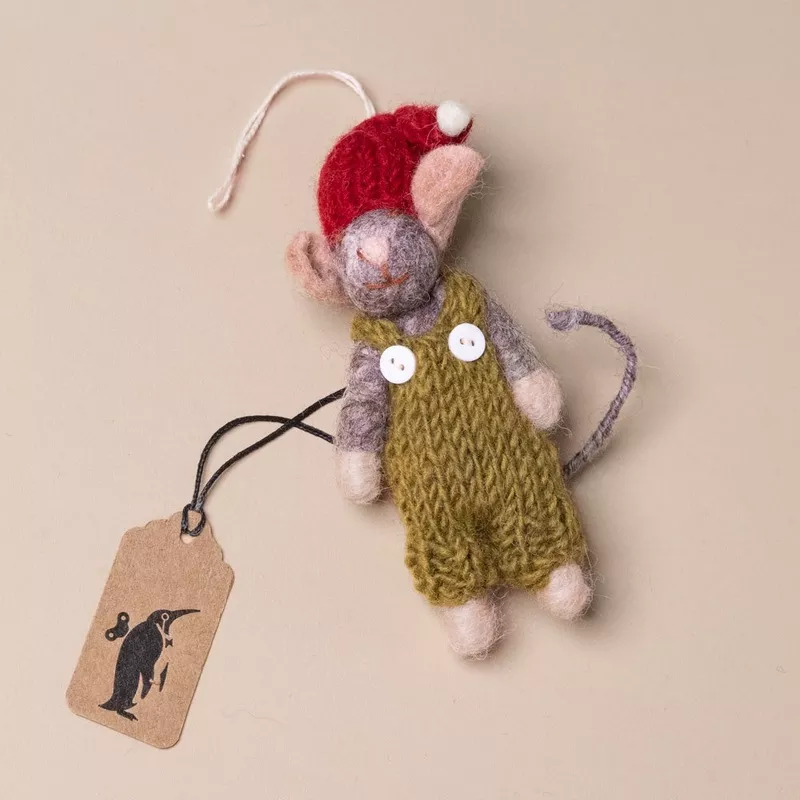 felted-grey-mouse-ornament-chartreuse-overalls-red-hat Felted Grey Mouse Ornament | Chartreuse Overalls & Red Hat