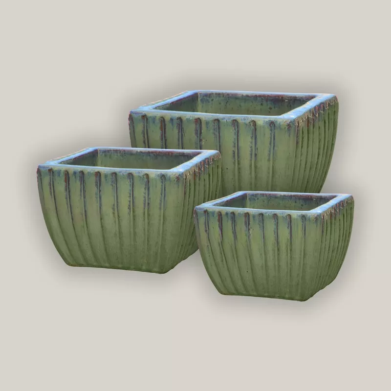 Gray Green Garden Tapered Square Ceramic Ribbed Planter – Low