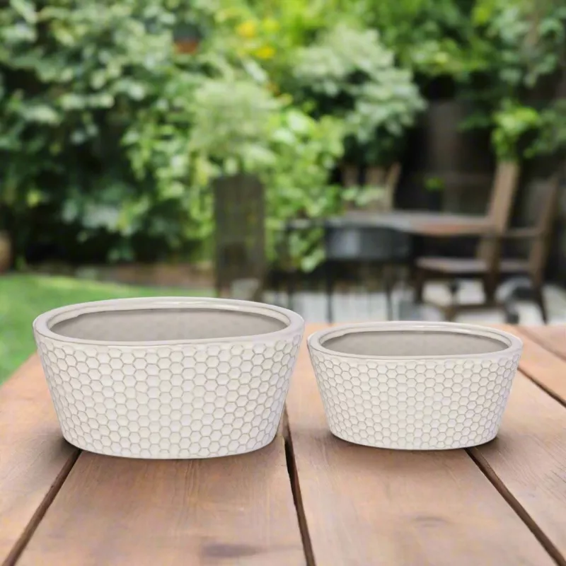 halora-honeycomb-oval-planter-set-set-2-white Halora Honeycomb Oval Planter Set (Set of 2) White