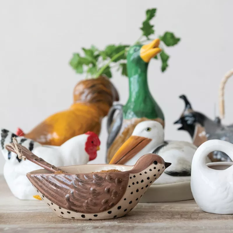 hand-painted-stoneware-bird-shaped-bowl-tail-shaped-spoon Hand-Painted Stoneware Bird Shaped Bowl & Tail Shaped Spoon