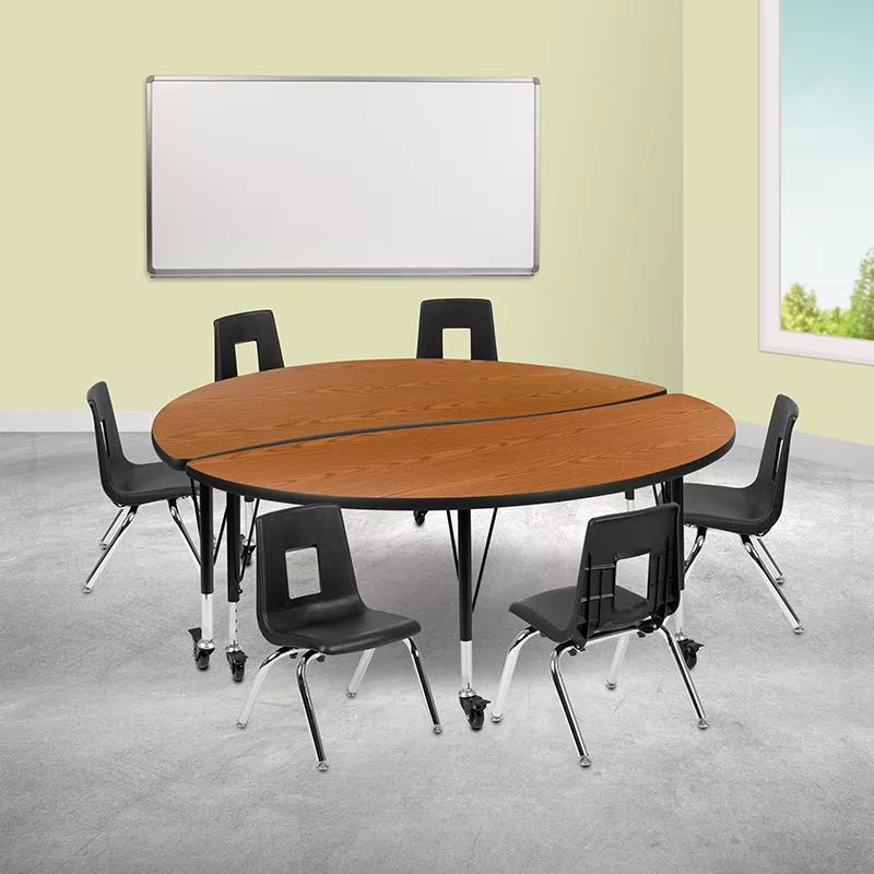 mobile-60-table-set-with-14-student-stack-chairs-oak-black Mobile 60″ Table Set with 14″ Student Stack Chairs, Oak/Black