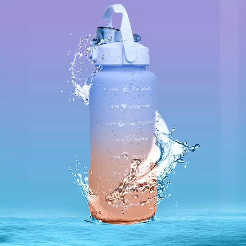 Motivational Sipper Water Bottle with Time & Level Marker, Blue Orange, 2 Liter