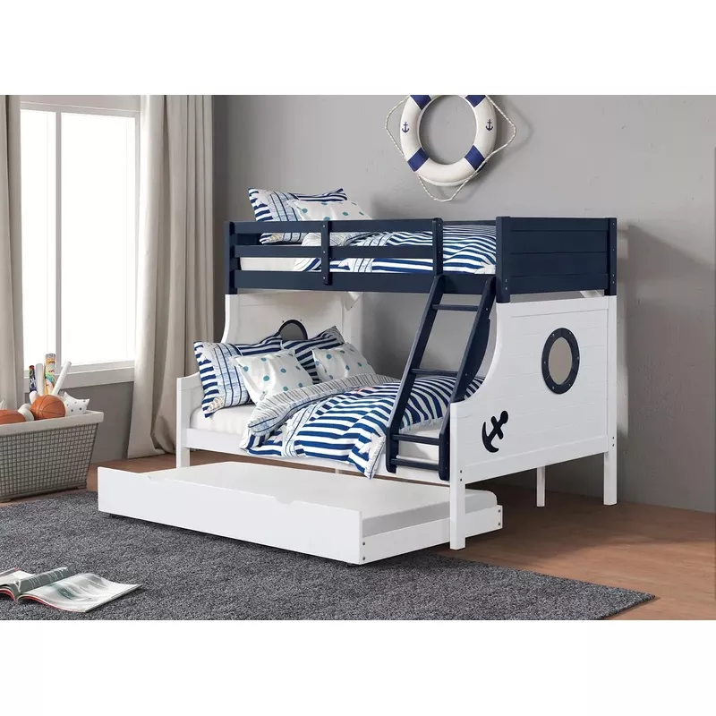 twin-over-full-bunk-bed-with-attached-ladder-upper-bed-rails-lock-joint-safety-s Twin Over Full Bunk Bed With Attached Ladder Upper Bed Rails Lock Joint Safety System Slat Kit Included Blue White Trundle Included For Space Saving Kids Room